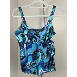 Y2K Babydoll Bisou Bisou Woman Blue Satin Top Front Lace Blouse Size 10 Tank